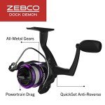Zebco Dock Demon Spinning Reel and Fishing Rod Combo, 30-inch 1-Piece Fiberglass Fishing Pole, EVA Rod Handle, Size 10 Reel, Powertrain Drag, Pre-Spooled with 6-Pound Zebco Line, Purple