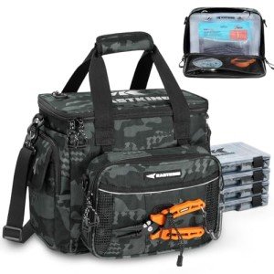 KastKing BaitSpace Fishing Tackle Bag With 4 Tackle Boxes & Removable Bait Binder, Water-Resistant Tackle Storage, Durable Fishing Gear, Adjustable Shoulder Strap