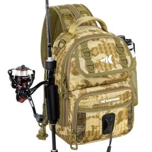 KastKing BaitSpace Standard Fishing Tackle Sling Bag, Water-resistant Backpack & Sling Pack for Bank, Wader & Boat Fishing, Rod & Beverage Holder, Adjustable Straps, Durable Nylon Fabric