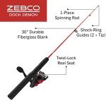 Zebco Dock Demon Spinning Reel and Fishing Rod Combo, 30-inch 1-Piece Fiberglass Fishing Pole, EVA Rod Handle, Size 10 Reel, Powertrain Drag, Pre-Spooled with 6-Pound Zebco Line, Red