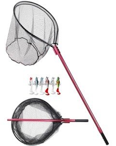 Facikono Large Fishing Net Rubber Fishing Net Large Heavy Duty Extra Large Landing Net for Saltwater Aluminum Fishing Net Telescoping Handle with 6pcs Soft Jig Swimbait, Extends to 72-94in