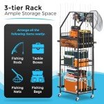 JIRTEMOT Fishing Rod Holder Organizer with Fabric Drawer & Hooks, Space-Saving Garage Storage for 12 Rods, Reels, Tackle Boxes, Portable Fishing Gear Cart for Easy Access & Mobility