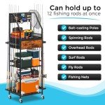 JIRTEMOT Fishing Rod Holder Organizer with Fabric Drawer & Hooks, Space-Saving Garage Storage for 12 Rods, Reels, Tackle Boxes, Portable Fishing Gear Cart for Easy Access & Mobility