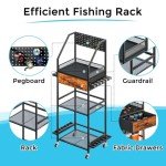 JIRTEMOT Fishing Rod Holder Organizer with Fabric Drawer & Hooks, Space-Saving Garage Storage for 12 Rods, Reels, Tackle Boxes, Portable Fishing Gear Cart for Easy Access & Mobility