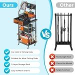 JIRTEMOT Fishing Rod Holder Organizer with Fabric Drawer & Hooks, Space-Saving Garage Storage for 12 Rods, Reels, Tackle Boxes, Portable Fishing Gear Cart for Easy Access & Mobility