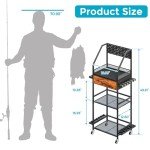 JIRTEMOT Fishing Rod Holder Organizer with Fabric Drawer & Hooks, Space-Saving Garage Storage for 12 Rods, Reels, Tackle Boxes, Portable Fishing Gear Cart for Easy Access & Mobility