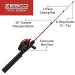 Zebco Dock Demon Spincast Reel and Fishing Rod Combo, 30-Inch 1-Piece Fiberglass Fishing Pole with EVA Handle, QuickSet Anti-Reverse Fishing Reel, Pre-Spooled with 6-Pound Zebco Line, Red, 20