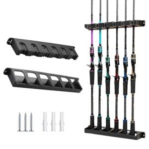 Tcakelox Fishing Rod Holder for Garage Fishing Pole Holders Fishing Rod Rack Vertical Wall-Mounted for Garage Stores 6 Rods or Combos Fits Most Rod Diameters (Vertical Black, 1 Pair)