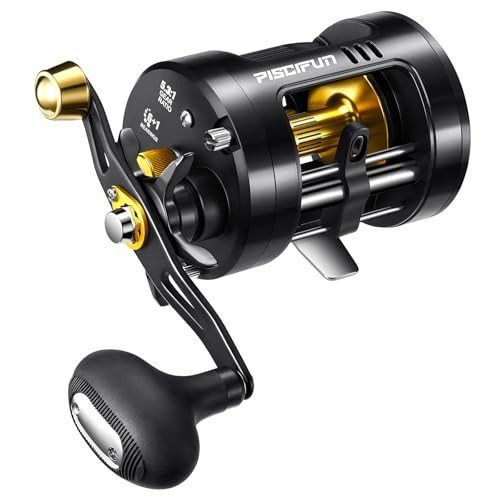 Piscifun Chaos Pro Baitcasting Fishing Reel, CNC Machined Aluminum Body Round Catfish Reel with 25LB Max Drag, Trolling Reel with Level Wind & Magnetic Braking for Lake & Saltwater, Gold, Right Hand