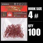XFISHMAN Octopus Hook - Circle Hooks, Freshwater & Saltwater, Red, Size 4, 100-Pack