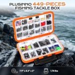 PLUSINNO 449pcs Fishing Gear Accessories Kit, Fishing Tackle Box with Tackle Included, Fishing Hooks, Fishing Weights Sinkers, Jig Heads, Fishing Tackle Set Equipment for Bass Trout, Gifts for men