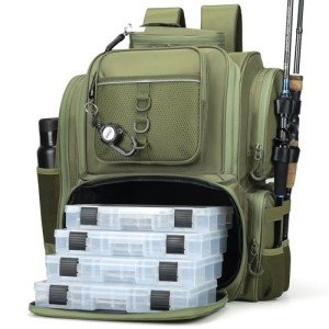 WANOON Fishing Backpack With Rod Holder,Tackle Backpack with 4 Tackle Boxes .Large Fishing Bag
