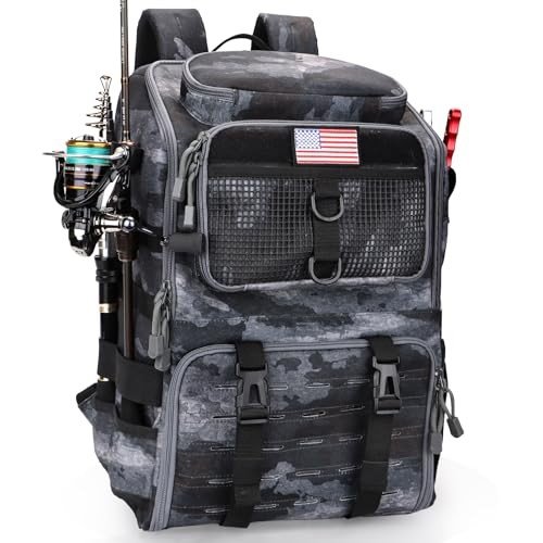 rillrun Fishing Backpack with Rod Holders, Ultimate Tackle Box Bakpack for Men, 42L Large Tackle Bag Store Fishing Gear