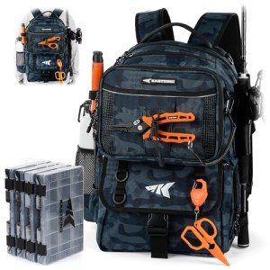 KastKing BaitSpace 50L Fishing Tackle Backpack, Water-Resistant Fishing Bag With Removable Bait Binder & 4 Tackle Boxes, Rod Holders, Durable Ripstop Nylon For Fishing Gear and Equipment, Blue Camo