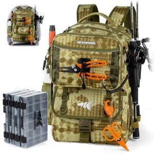 KastKing BaitSpace 50L Fishing Tackle Backpack with Removable Bait Binder & 4 Tackle Boxes, Rod Holders Storage Fishing Gear