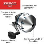 Zebco 808 Saltfisher Spincast Fishing Reel, Size 80 Reel, Changeable Right- or Left-Hand Retrieve, Pre-Spooled with 20-Pound Fishing Line, Stainless Steel Ball Bearing Drive, Silver