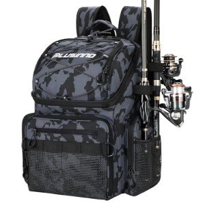 PLUSINNO Fishing Backpack with Rod Holders & Cooler, 45L Large Water-resistant Fishing Tackle Bag,Fishing Tackle Backpack Store Fishing Gear For Camping,Fishing Gifts for Men Father Black Camo