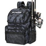 PLUSINNO Fishing Backpack with Rod Holders & Cooler, 45L Large Water-resistant Fishing Tackle Bag,Fishing Tackle Backpack Store Fishing Gear For Camping,Fishing Gifts for Men Father Black Camo