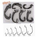 60pcs Offset Worm Hook High Carbon Steel Wide Gap Bait Jig Fish Hooks with Plastic Box #1-5/0