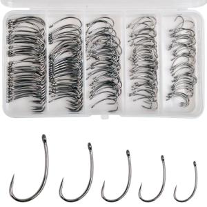 175pcs Barbless Fishing Hook Kits,Small Size Carp Fishing Hooks Curve Shank Crank and Wide Gape Fly Tying Hooks Circle Hook with Tackle Box Size 2#,4#,6#,8#,10#