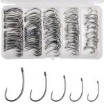 175pcs Barbless Fishing Hook Kits,Small Size Carp Fishing Hooks Curve Shank Crank and Wide Gape Fly Tying Hooks Circle Hook with Tackle Box Size 2#,4#,6#,8#,10#