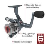 Quantum Optix Spinning Fishing Reel, Size 40 Reel, Changeable Right- or Left-Hand Retrieve, Aluminum Spool, Stainless Steel Bail Wire, Continuous Anti-Reverse, 5.2:1 Gear Ratio, Silver, Clam Packaging