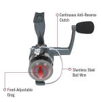 Quantum Optix Spinning Fishing Reel, Size 40 Reel, Changeable Right- or Left-Hand Retrieve, Aluminum Spool, Stainless Steel Bail Wire, Continuous Anti-Reverse, 5.2:1 Gear Ratio, Silver, Clam Packaging