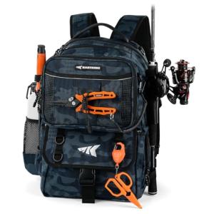 KastKing BaitSpace 50L Fishing Tackle Backpack, Water-Resistant Fishing Bag With Removable Bait Binder, Rod Holders, Durable Ripstop Nylon For Fishing Gear and Equipment,Blue Camo
