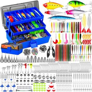 Japior Large 3 Layers Tackle Box with Tackle Included - 471 Pcs Fishing Gear Accessories Kit Contains Minnow,VIB,Crankbaits,Hooks, Weights,Other Accessories Fishing Gifts for Men and Adults