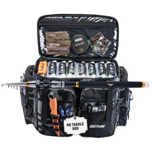Goture Large Tackle Bag,Store Up to 8PCS 3700 Plus 4PCS 3600 Tackle Trays(Not Included),Water Resistant Saltwater Gear Storage Big Fishing Bag with EVA Bottom,Gifts for Men(21.65"x11.8"x15.16")-Camo
