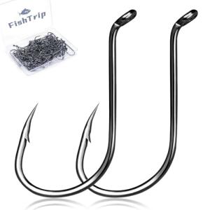 FishTrip Octopus Hooks Fishing Saltwater - 100pcs Offset Beak Fish Hooks/Closed Eye/Barded/Black for Fishing Rigs Bass Catfish 3/0