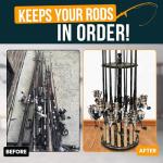Rush Creek Creations 16-Rod Round Fishing Rod Holder for Garage, 360° Access Fishing Pole Holder for Fishing Rods, Reels, and Gear, Securely Holds 16 Rods, Camouflage
