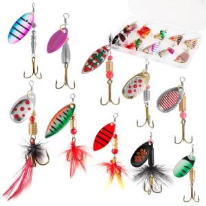 10PCS Rooster Tail Fishing Lures with Tackle Box, Spinner Bait with Flash Copper Body & Spoon, Trout Lures, Freshwater and Saltwater Bait for Bass Trout Crappie Walleye, Swimming or Jigging