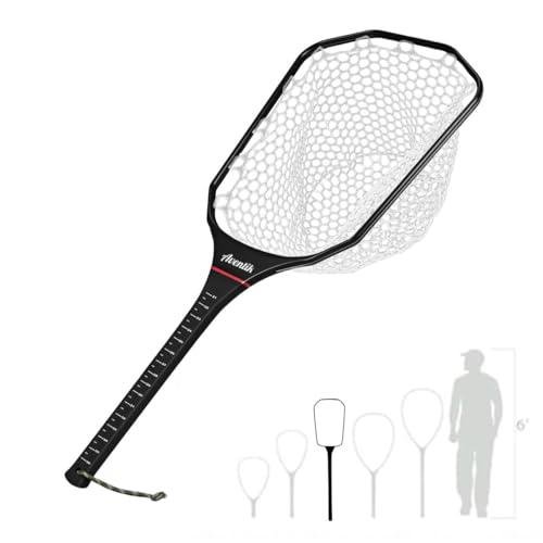 Fly Fishing Landing Net, Carbon Fiber Frame Floating Trout Net with Measurement Handle, Soft Rubber Mesh for Catch and Release (Black, Long Handle)