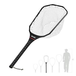 Fly Fishing Landing Net, Carbon Fiber Frame Floating Trout Net with Measurement Handle, Soft Rubber Mesh for Catch and Release (Black, Long Handle)