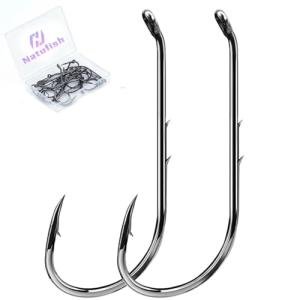 Natufish Baitholder Fishing Hooks 50Pcs Bait Holder Hooks Offset/Double Barbed/Long Shank/Down Eye for Soft Live Baits Saltwater(Size 3/0)