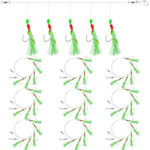 10pcs Mackerel Feathers Rigs, Pre Tied Mackerel Lure Sea Fishing Rigs with Luminous Beads Bionic Flying Insects Lure Rig for Pollock,Cod,Herring,Bass (3pcs #12;3pcs #16;4pcs #18)