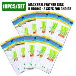 10pcs Mackerel Feathers Rigs, Pre Tied Mackerel Lure Sea Fishing Rigs with Luminous Beads Bionic Flying Insects Lure Rig for Pollock,Cod,Herring,Bass (3pcs #12;3pcs #16;4pcs #18)