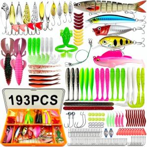 193PCS Fishing Lures Kit with Tackle Box, Freshwater Saltwater Bass Lures Set – Hard Baits, Soft Plastic Worms, Crankbaits, Spinner Baits, Frog Lures, Fishing Hooks & Accessories
