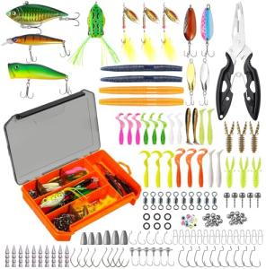 Fishing Lures Kit Fishing Tackle Box with Soft Bait, Crankbaits, Floats, Spoon, Hooks, Weights, Jig Heads for Bass, Trout, Freshwater Saltwater Fishing Lure Gift Set for Men Anglers (154 Pcs)