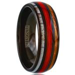Magnificent 8mm Polished Piano Black Tungsten Carbide Low Dome Band Ring with Ravishing Red Fishing Line Between Whiskey Barrel Oak Wood and Deer Antler Inlays. (8mm 13.5)