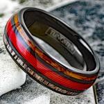 Magnificent 8mm Polished Piano Black Tungsten Carbide Low Dome Band Ring with Ravishing Red Fishing Line Between Whiskey Barrel Oak Wood and Deer Antler Inlays. (8mm 13.5)