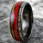 Magnificent 8mm Polished Piano Black Tungsten Carbide Low Dome Band Ring with Ravishing Red Fishing Line Between Whiskey Barrel Oak Wood and Deer Antler Inlays. (8mm 13.5)