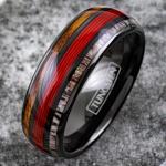 Magnificent 8mm Polished Piano Black Tungsten Carbide Low Dome Band Ring with Ravishing Red Fishing Line Between Whiskey Barrel Oak Wood and Deer Antler Inlays. (8mm 13.5)