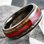 Magnificent 8mm Polished Piano Black Tungsten Carbide Low Dome Band Ring with Ravishing Red Fishing Line Between Whiskey Barrel Oak Wood and Deer Antler Inlays. (8mm 13.5)