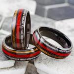 Magnificent 8mm Polished Piano Black Tungsten Carbide Low Dome Band Ring with Ravishing Red Fishing Line Between Whiskey Barrel Oak Wood and Deer Antler Inlays. (8mm 13.5)