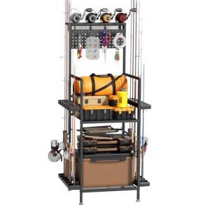 YQSLYSF Fishing Rod Holders for Garage with Pegboard & Metal Mesh Basket, Fishing Rod Storage Rack, Vertical Fishing Pole Holder for Up to 12 Poles, Tackle Gear Organizer