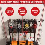 YQSLYSF Fishing Rod Holders for Garage with Pegboard & Metal Mesh Basket, Fishing Rod Storage Rack, Vertical Fishing Pole Holder for Up to 12 Poles, Tackle Gear Organizer