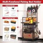 YQSLYSF Fishing Rod Holders for Garage with Pegboard & Metal Mesh Basket, Fishing Rod Storage Rack, Vertical Fishing Pole Holder for Up to 12 Poles, Tackle Gear Organizer