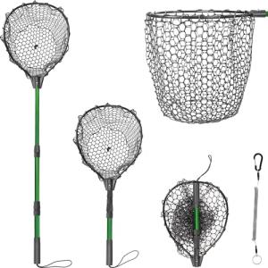 Rubber Fishing Net with Handle - Telescoping Fish Nets for Fishing, Aluminum Alloy Landing Net, Telescoping Handle and Rubber Net, Maximum Load 20 Pounds, M Hoop Size: 17.3″ x 13″